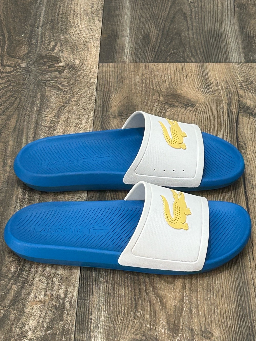 Lacoste White Strap Blue Slide Sandals with Yellow Croc Men Size 9